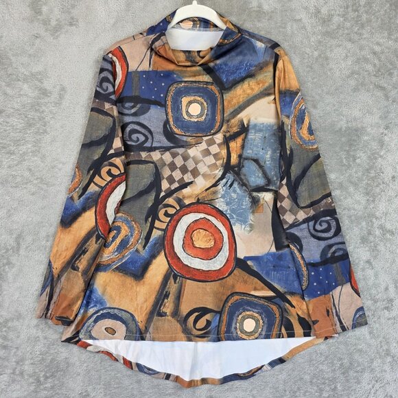 3 Potato Abstract Art Print Shirt Womens M/L Cowl Neck Long Sleeve Boho Stretch - Picture 1 of 9